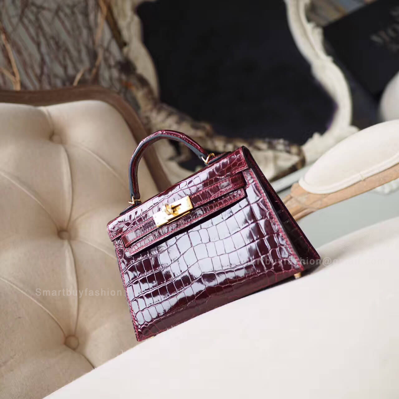 Hermes Mini Kelly II Bag in ck57 Bordeaux Shiny Nile Croc GHW